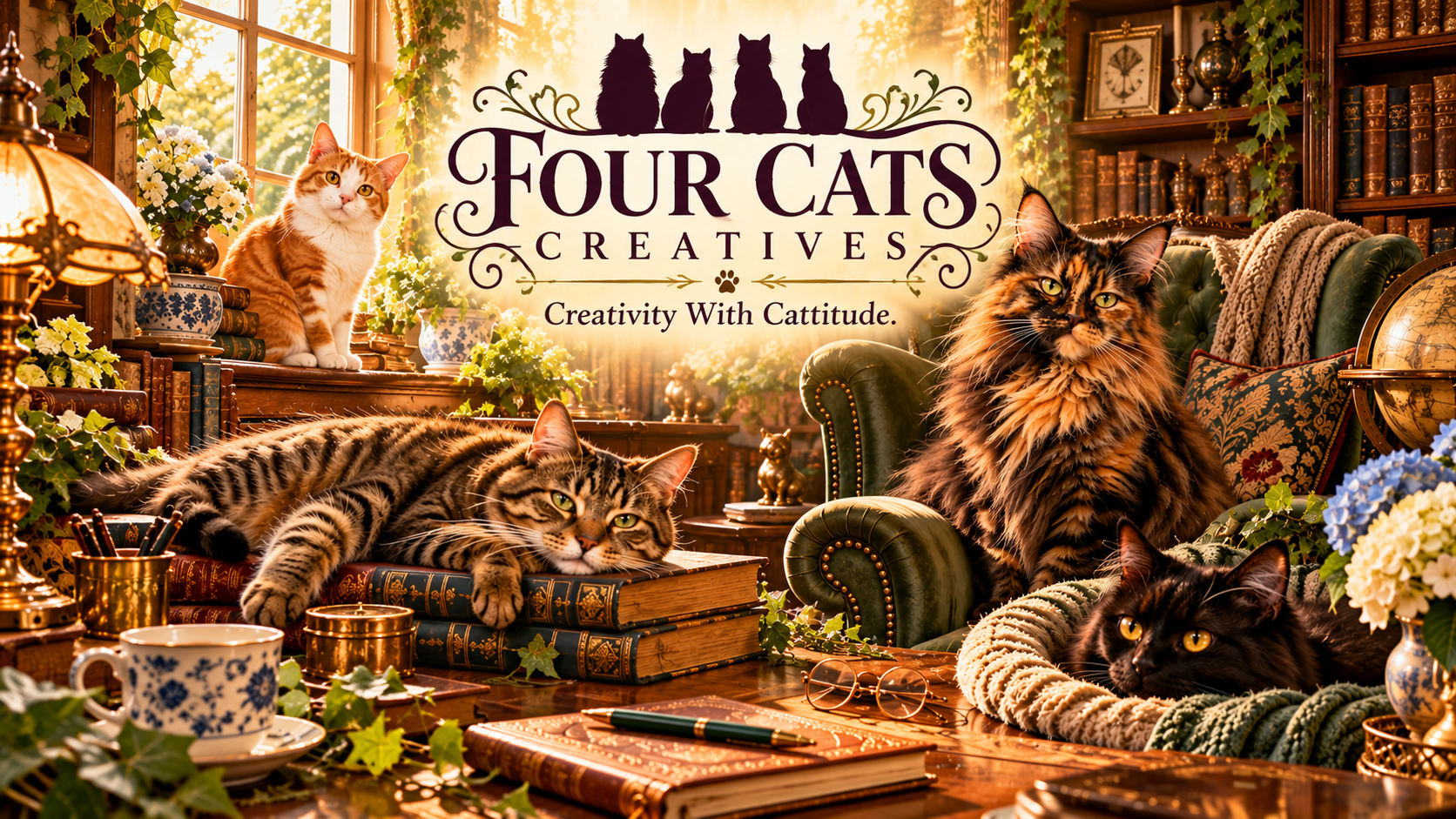 The four cats of Four Cats Creatives in a sunlit Victorian library