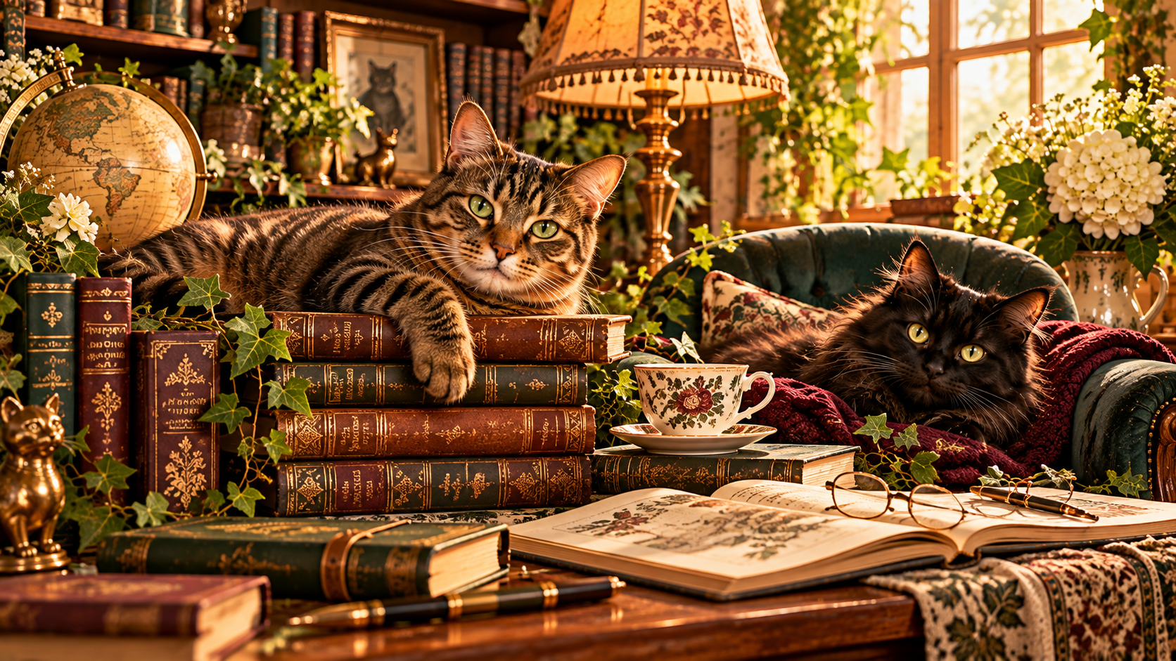 Norm and Little Bit relaxing in a beautiful Victorian library